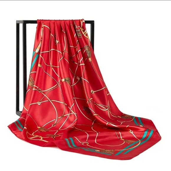 Chain Scarf Vintage Style Horse Satin Head Red Scarf Bandana - Picture 7 of 9